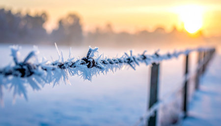The first light of a winter sunrise catches the delicate ice crystals clinging to a barbed wire fence.の素材