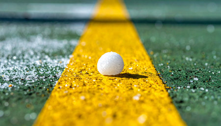 A single white ball rests perfectly centered on a bold yellow line, dividing a green field.の素材