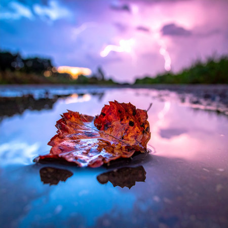 A solitary autumn leaf rests in a rain puddle, its fragile form a stark contrast to the powerful lightning storm unfolding in the dramatic purple and pink sunset sky.の素材