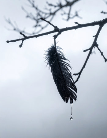 A single black feather, heavy with a solitary water droplet, clings to a bare branch against a pale, overcast sky.の素材