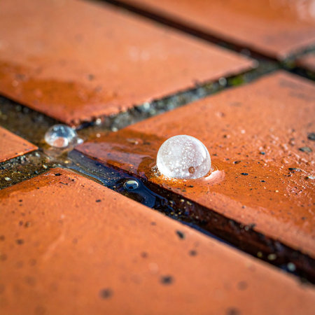 A perfect, spherical water droplet demonstrates the power of surface tension as it rests on a wet terracotta tile floor.の素材