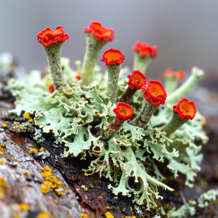 A macro perspective reveals the extraordinary world of British soldiers lichen, where vibrant red caps stand like tiny sentinels atop pale green stalks.の素材