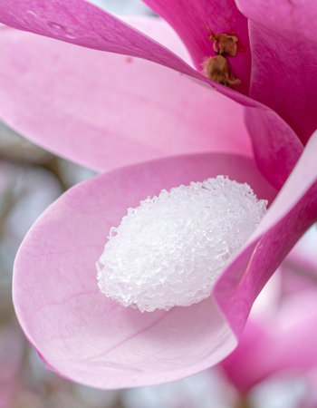 A delicate pink magnolia petal cradles a surprising dusting of late spring snow, a beautiful and poignant symbol of nature's resilience.の素材