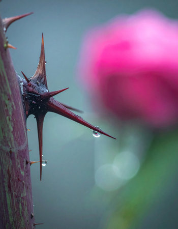A single, glistening water droplet clings to the sharp point of a rose thorn, a powerful metaphor for the delicate balance between beauty and danger.の素材