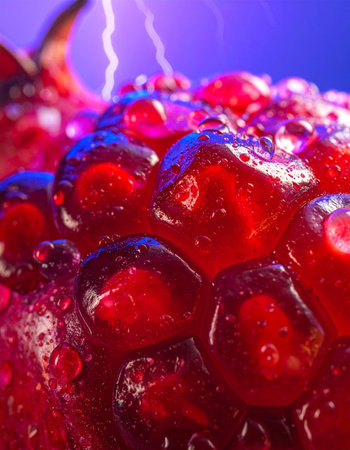 A bolt of pure energy strikes a cluster of vibrant pomegranate seeds, supercharging them with vitality.の素材