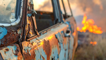 An old, forgotten car, covered in rust and peeling paint, meets a fiery end.の素材
