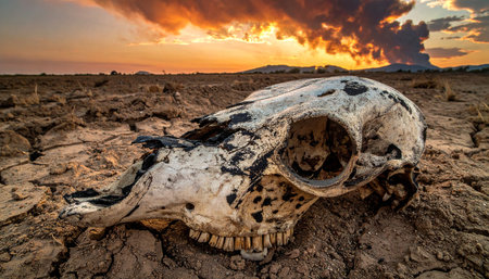 An animal skull rests on the parched, cracked earth of a desolate landscape.の素材