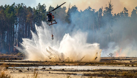 In a dramatic display of rapid response, a firefighting helicopter releases a massive payload of water over a raging wildfire.の素材