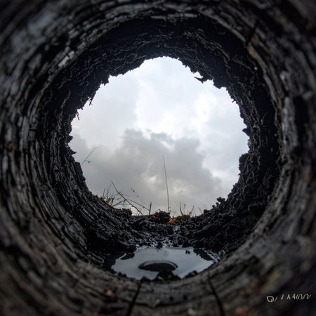 From the depths of an old stone well, a solitary view upwards offers a glimpse of the cloudy sky.の素材