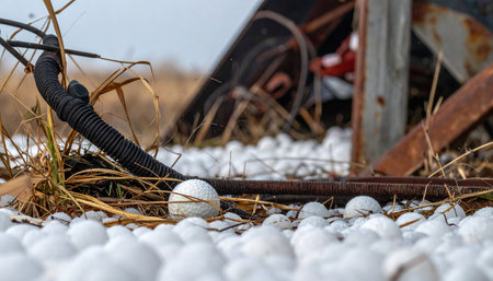 A ground-level view captures the chaotic aftermath of a severe hailstorm.の素材