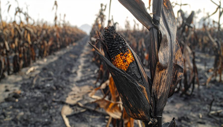 A single burnt ear of corn stands as a stark testament to a devastating field fire.の素材