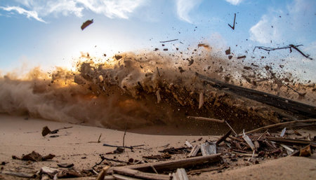 A colossal wave of sand, earth, and shattered debris explodes across a desolate landscape under a dramatic sky.の素材