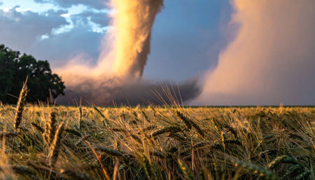 As the sun sets, its golden light catches a terrifying spectacle: a massive tornado descending upon a peaceful wheat field.の素材
