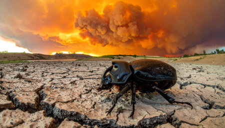 In a world scorched by fire and drought, a lone beetle traverses the cracked, barren earth.の素材