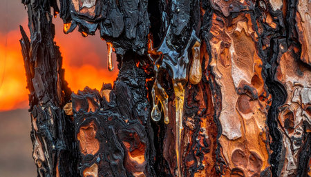 A macro view of a charred tree trunk, scarred by fire, oozing golden amber resin.の素材