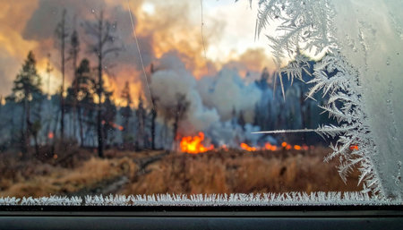 From the cold safety of a room, a dramatic wildfire rages outside, its destructive heat juxtaposed against the delicate, intricate frost patterns on the window pane.の素材