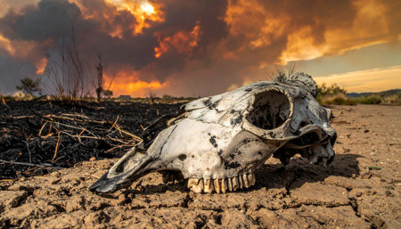 An animal skull rests on the parched, cracked ground, a stark symbol of life lost in the face of a catastrophic wildfire.の素材