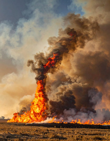 A colossal pillar of fire and thick, black smoke erupts from a dry field, painting a dramatic and terrifying scene.の素材