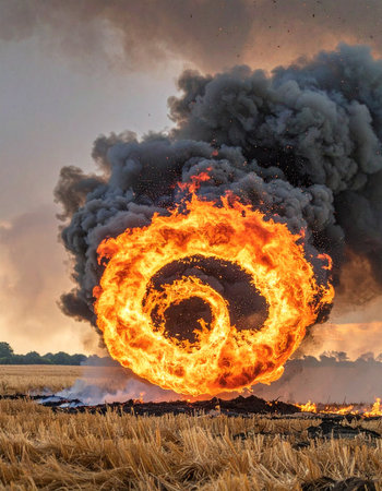 A massive flaming 'at' symbol, the icon of digital communication, burns uncontrollably in a rural field, sending a thick plume of black smoke into the dramatic sky.の素材