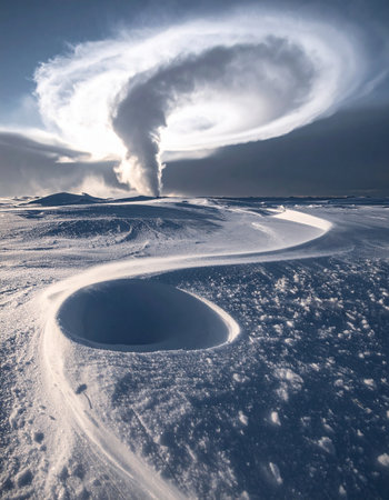 Witness the raw, untamed power of nature as Mount Erebus, Antarctica's active volcano, pierces the frozen landscape with a dramatic plume of smoke and ash.の素材