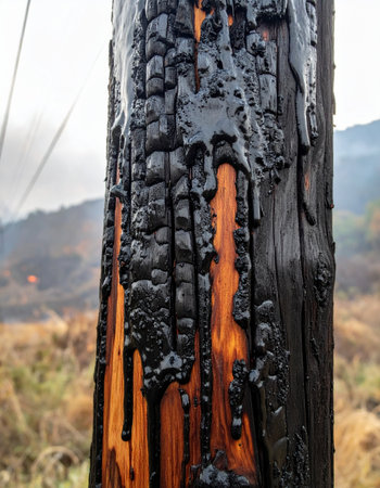 A close-up reveals the dramatic texture of a burnt utility pole, where blackened, bubbled creosote has melted and dripped over the charred wood.の素材