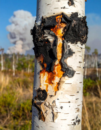 A close-up of a medicinal chaga mushroom, its dark exterior broken to reveal a vibrant orange interior, growing on a white birch trunk.の素材