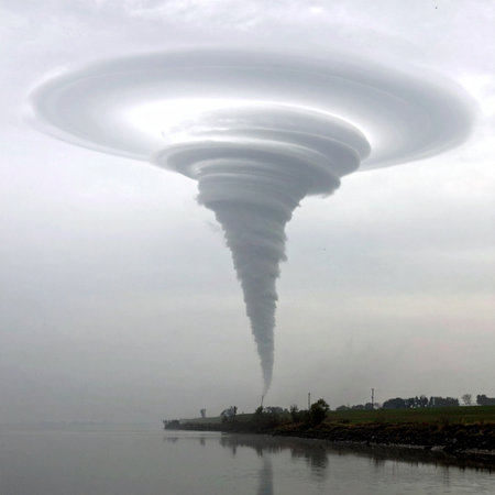An immense and terrifying tornado funnel descends from a stormy, grey sky, its powerful vortex touching the water's surface near a silhouetted city coastline.の素材