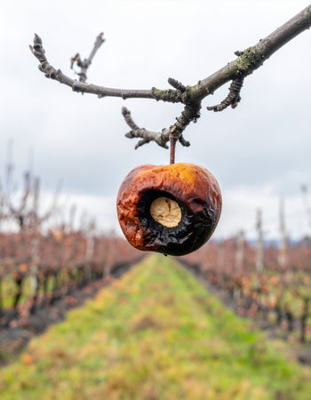 A single, forgotten apple, weathered and decayed, clings to a bare branch in a dormant winter orchard.の素材