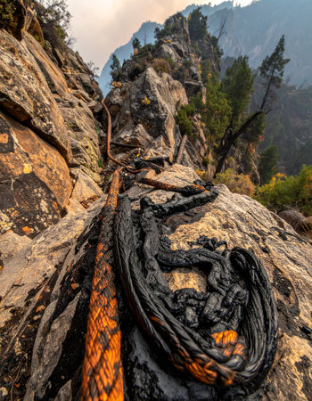In the wake of a devastating wildfire, the charred and melted remains of an unknown object lie fused to the rock, a stark testament to nature's destructive power.の素材