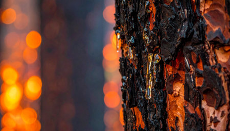A powerful close-up captures the scarred texture of a burnt tree trunk in the immediate aftermath of a forest fire.の素材