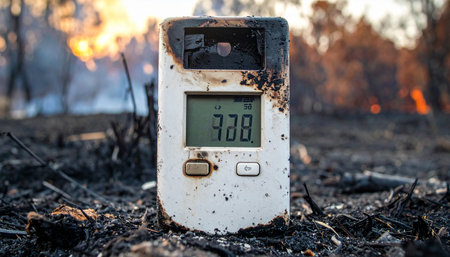 In the smoldering aftermath of a devastating forest fire, a burnt and battered dosimeter stands as a lone sentinel.の素材