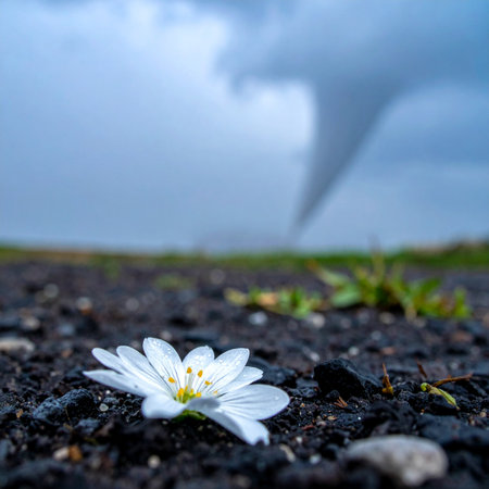 A single white flower, a symbol of life and delicacy, rests on the dark earth, seemingly untouched by the immense and destructive power of a tornado funneling down from the stormy sky.の素材