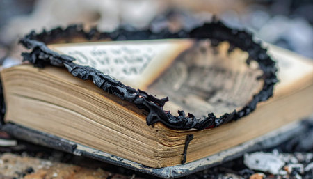 In the quiet aftermath of a destructive fire, the charred remains of an old book lie among the ashes.の素材
