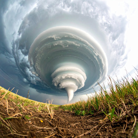 A breathtaking and surreal fisheye perspective captures the immense power of a supercell tornado as it forms in the sky.の素材