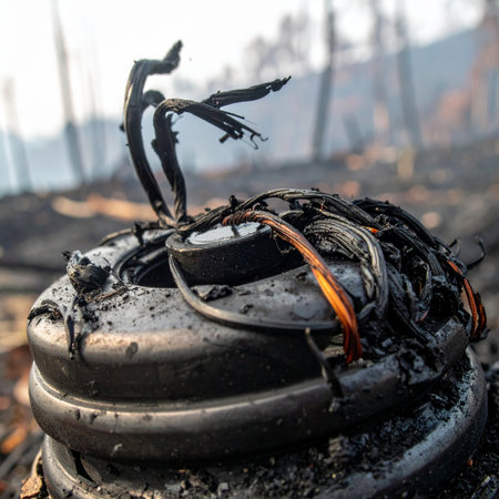 In the hazy aftermath of a devastating blaze, a charred electrical coil smolders, its wires melted into a grotesque sculpture.の素材