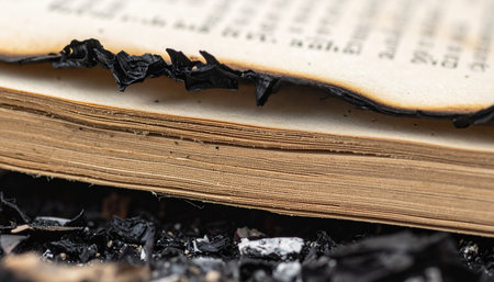 A macro shot captures the tragic beauty of a burnt book, its aged pages charred and crumbling into ash.の素材