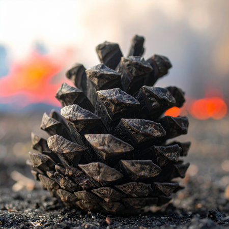 A single pinecone, blackened by flames, sits on the ashen ground.の素材