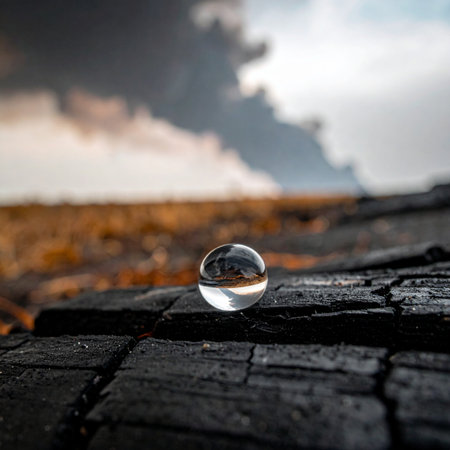 A clear crystal ball rests on a piece of charred, cracked wood, offering a focused, inverted glimpse of a desolate landscape under a dramatic, smoky sky.の素材