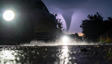 Driving into the heart of the storm, the ominous silhouette of a violent twister is revealed by a flash of lightning.の素材