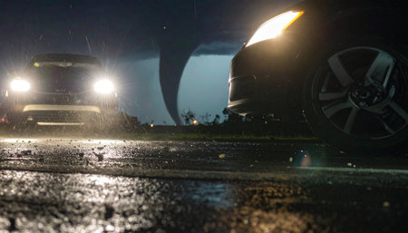 In the dead of night, car headlights cut through the darkness, illuminating a wet and debris-strewn road.の素材