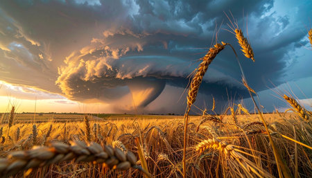 The calm before the storm is palpable as a massive, turbulent supercell cloud rolls across the horizon.の素材