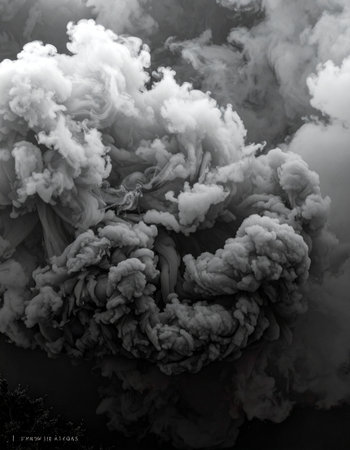 A massive, turbulent plume of dark smoke billows into the sky in a dramatic black and white composition.の素材