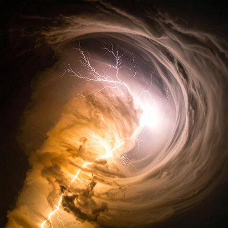A colossal storm cell twists into a powerful vortex, illuminated from within by a brilliant flash of lightning.の素材