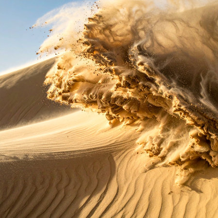 A powerful gust of wind sculpts the desert landscape, sending a massive cloud of golden sand erupting over the crest of a dune.の素材