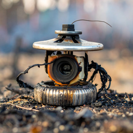 Once a silent guardian, this surveillance camera now sits as a melted relic on scorched earth.の素材