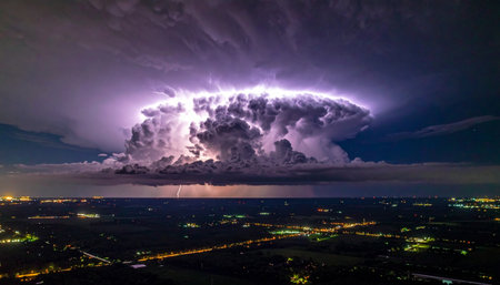 A colossal anvil cloud pulsates with internal lightning, casting a dramatic purple glow over the sprawling city lights below.の素材