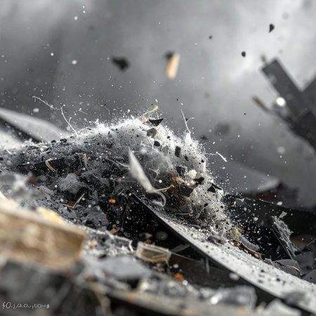 A powerful, high-speed capture of a controlled demolition, showing concrete and rubble exploding outwards.の素材