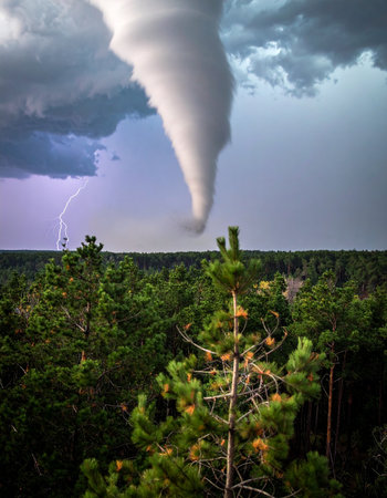 A powerful tornado funnel descends from a dark, turbulent sky, its immense force on full display above a dense pine forest.の素材