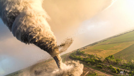 A massive and powerful tornado funnel touches down in a rural landscape, kicking up a huge cloud of dust and debris.の素材