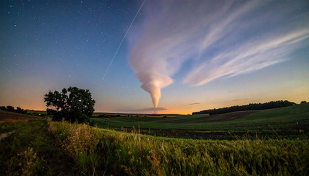 A breathtaking long exposure captures a mysterious pillar of light ascending into the heavens from the horizon.の素材